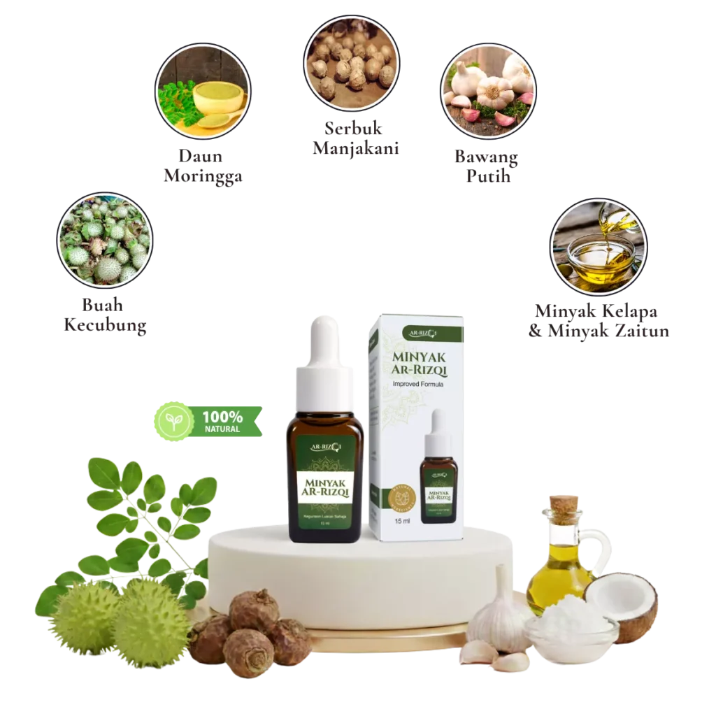 6 bahan herba Minyak Ar-Rizqi: Buah Kecubung, Manjakani, Daun Kelor, Bawang Putih, Minyak Zaitun, Minyak Kelapa