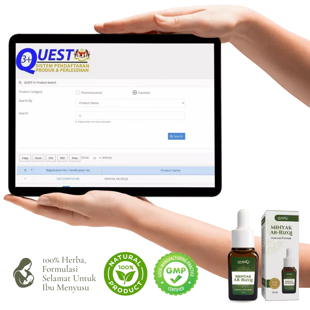 Minyak Ar-Rizqi berdaftar KKM QUEST3+ - NOT250601674K, 100% Herba, GMP, selamat untuk ibu menyusu
